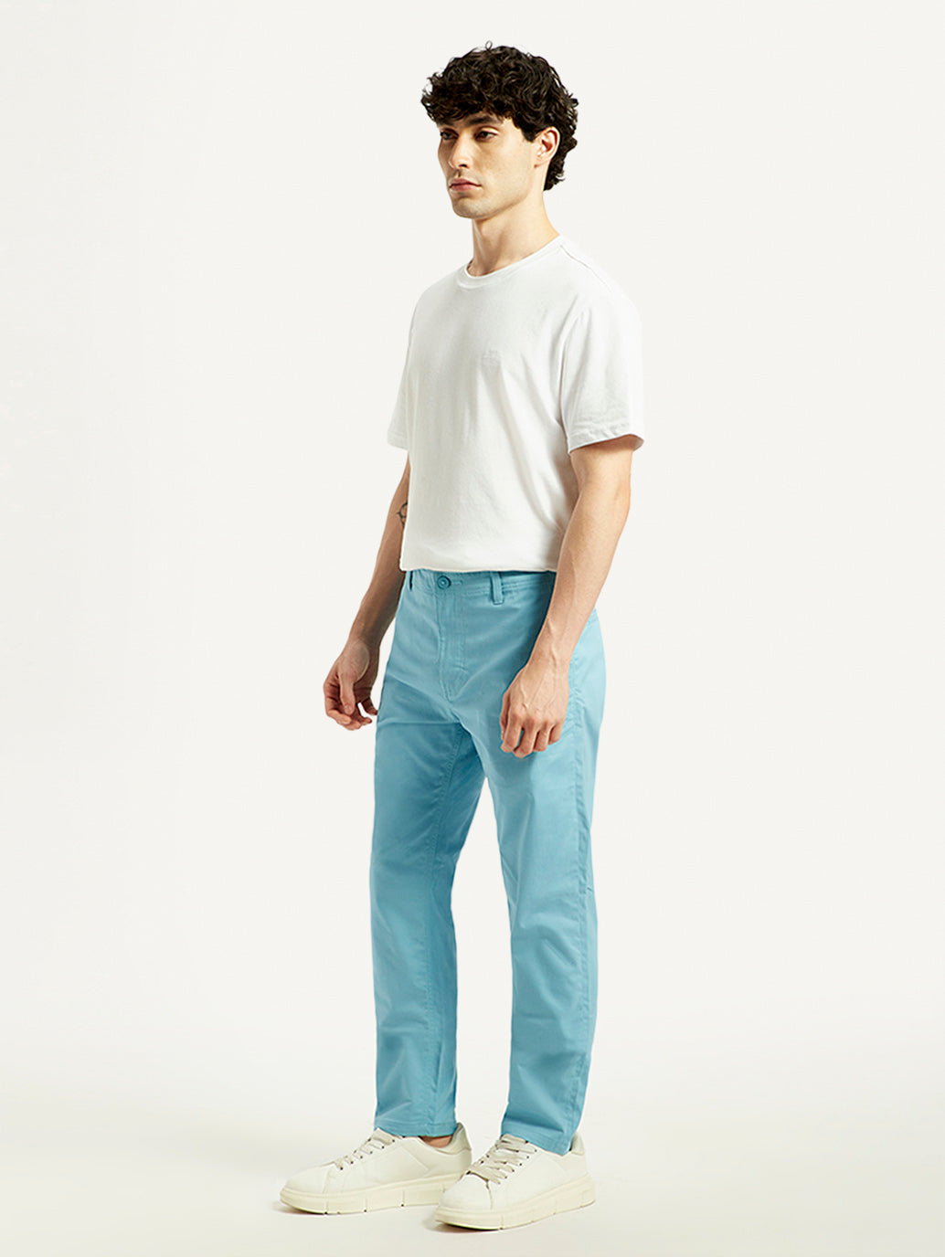 Men's Turquoise Tapered Fit Mid Rise Chinos - Side View