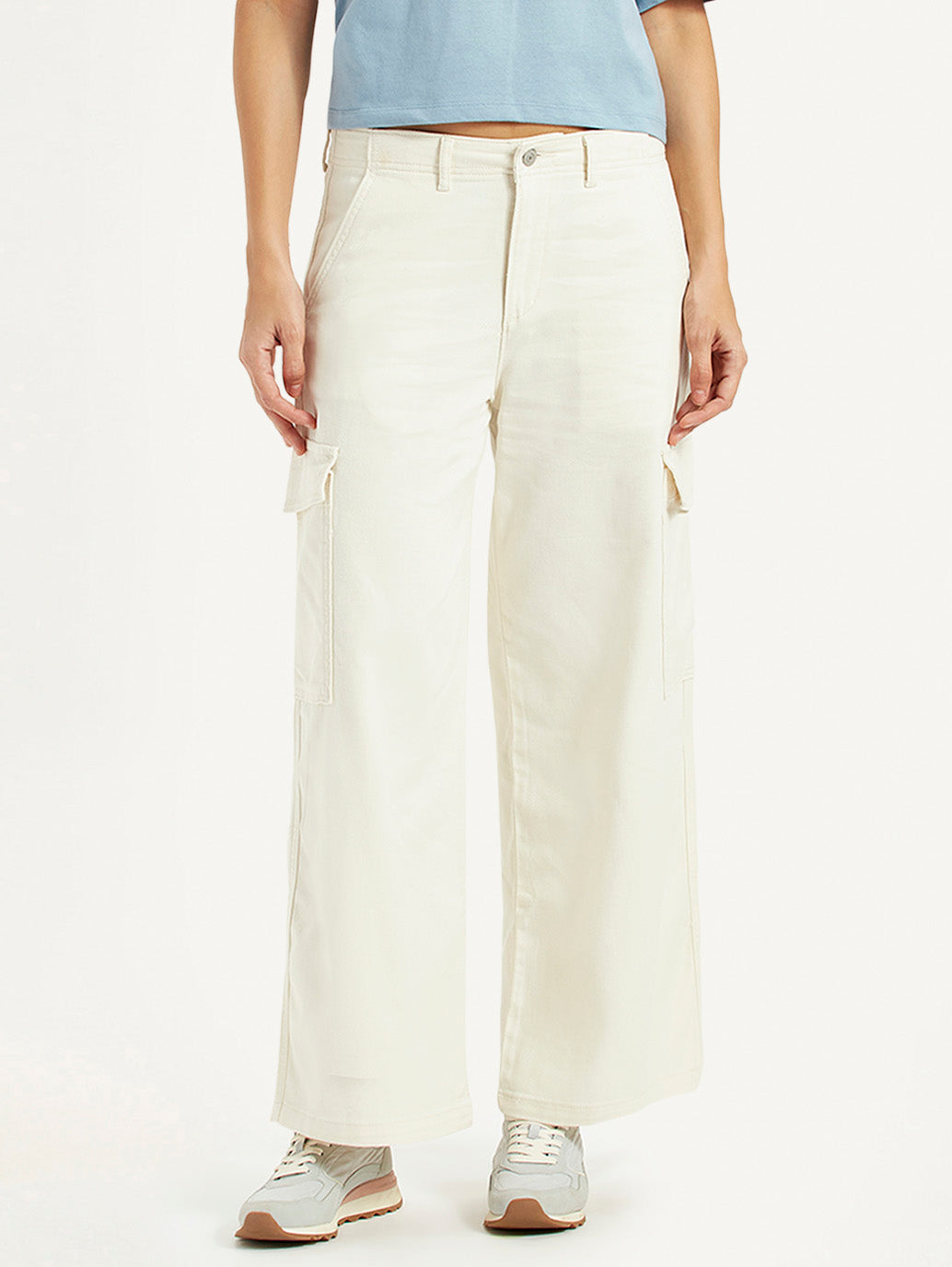 Women's Off White Loose Fit Mid Rise Cargos - Front View
