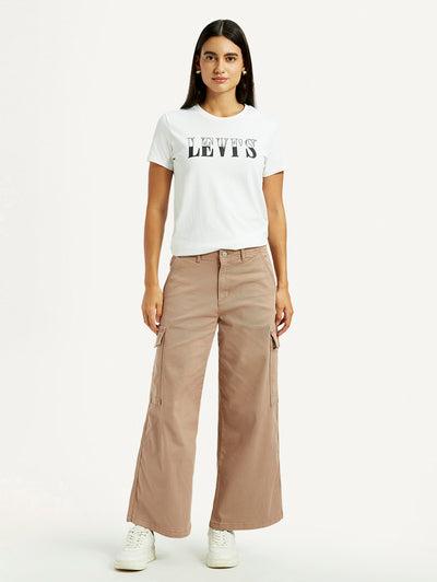 Women's Beige Regular Fit High Rise Cargo Trousers