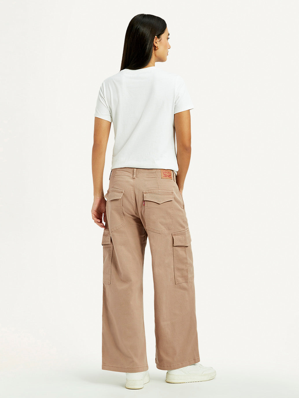 Women's Beige Regular Fit High Rise Cargo Trousers - Back View