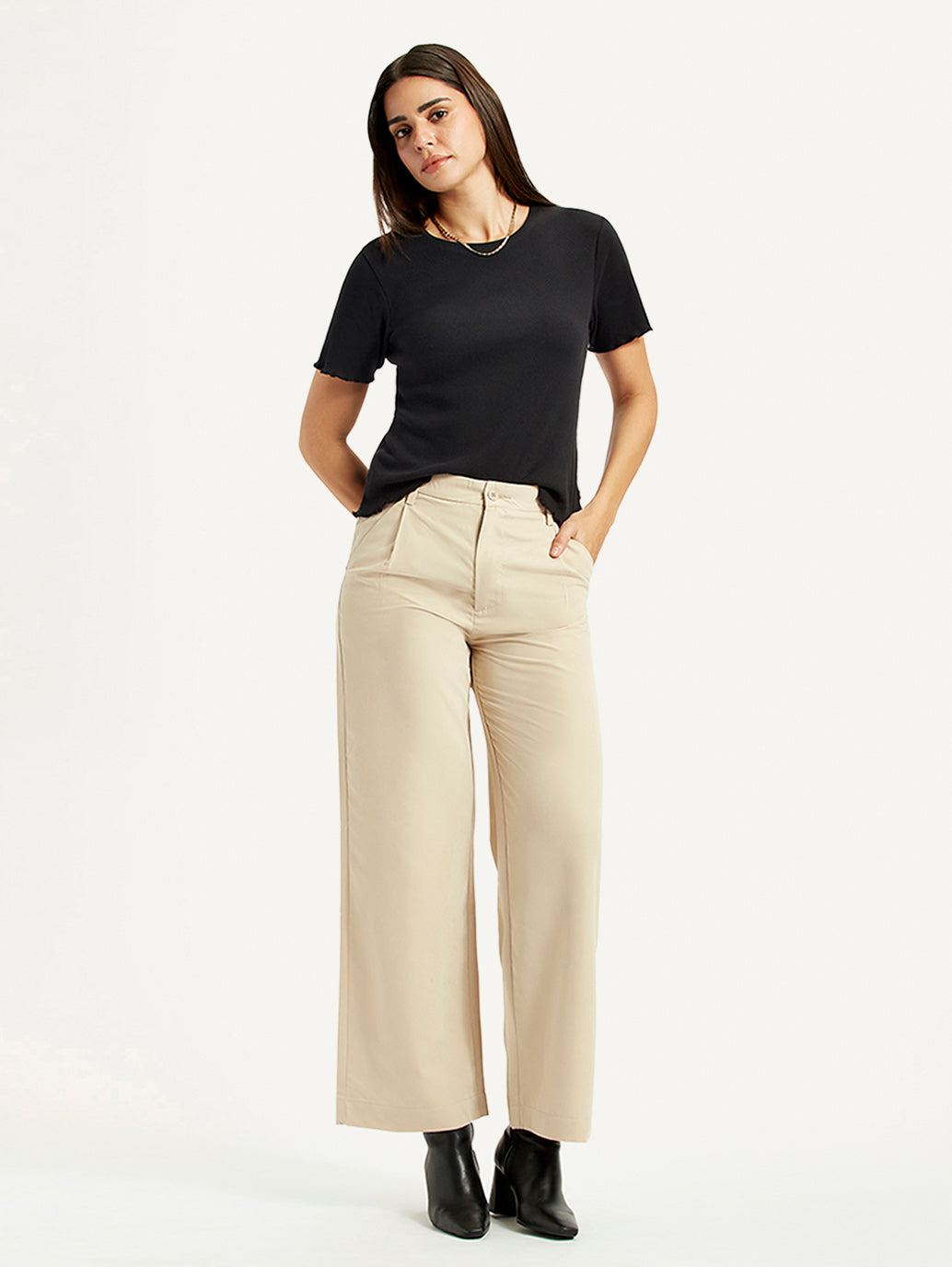 Women's Beige Wide Leg Fit High Rise Trousers - Styleshot View