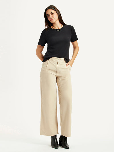 Women's Beige Wide Leg Fit High Rise Trousers