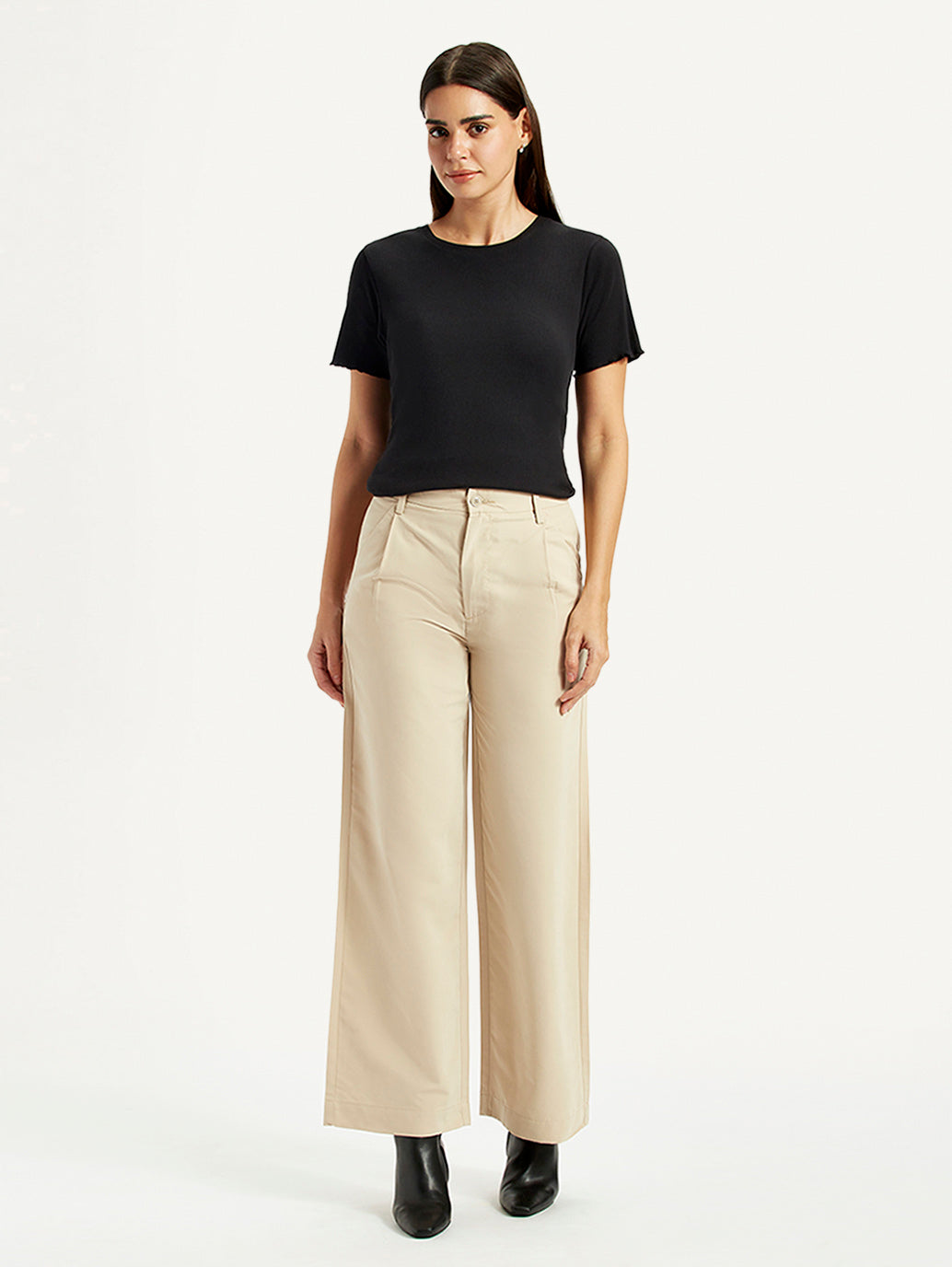 Women's Beige Wide Leg Fit High Rise Trousers - Front View