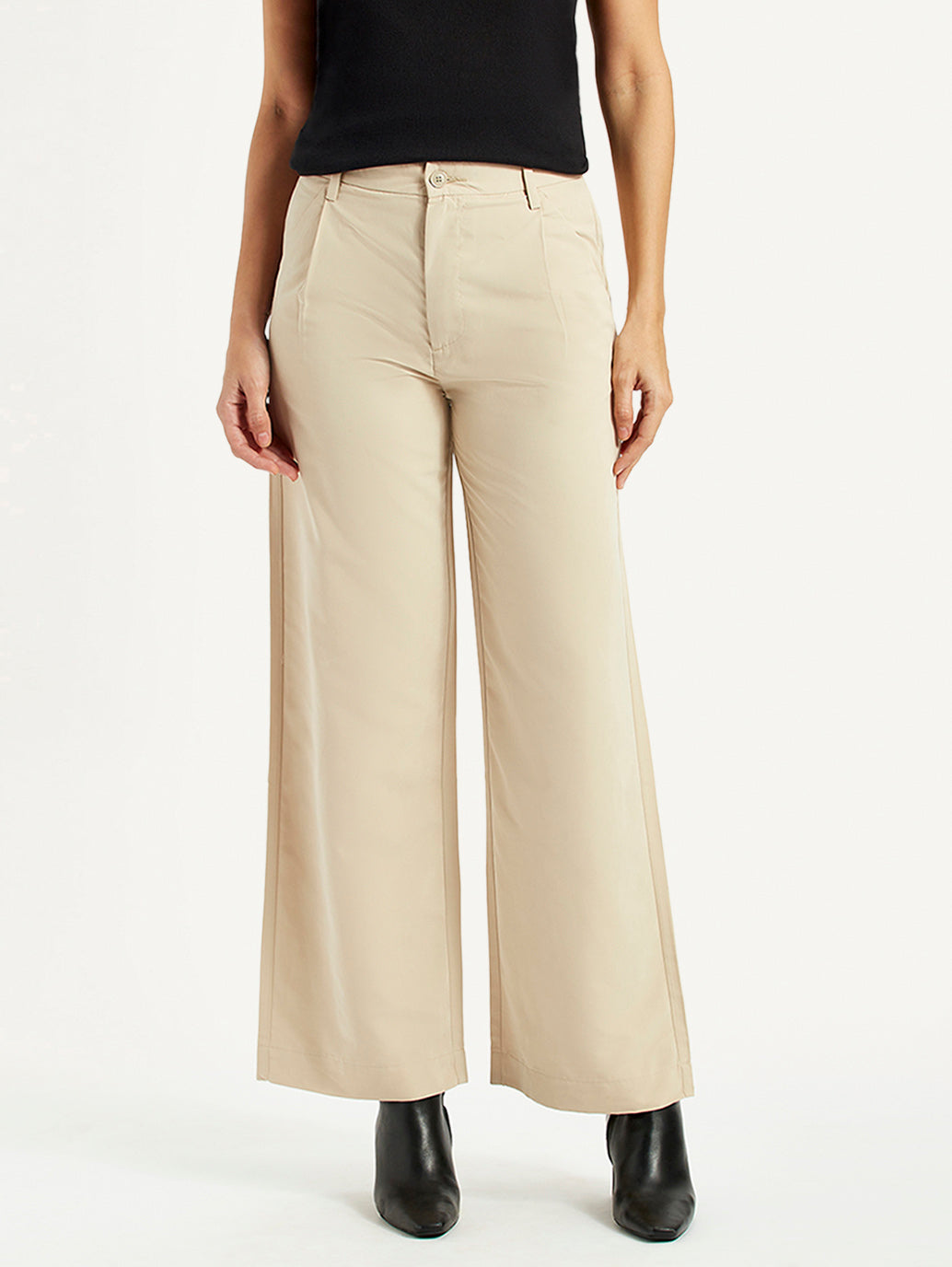Women's Beige Wide Leg Fit High Rise Trousers - Front View