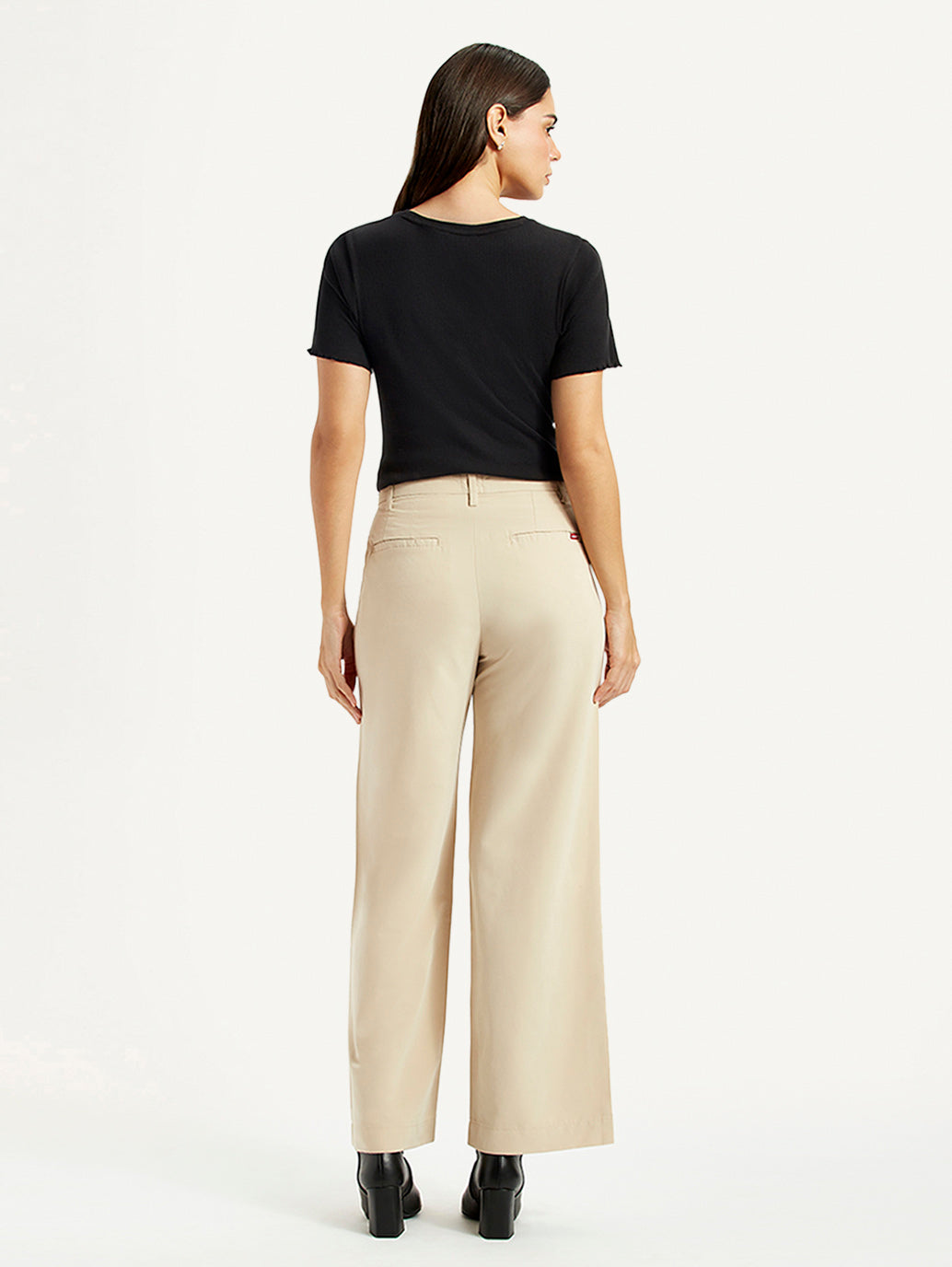 Women's Beige Wide Leg Fit High Rise Trousers - Back View