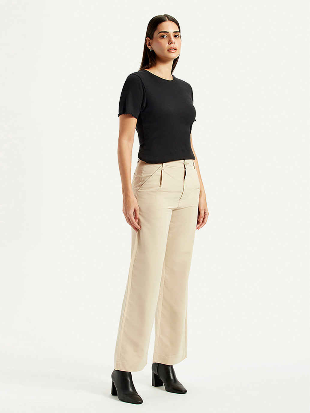 Women's Beige Wide Leg Fit High Rise Trousers - Side View
