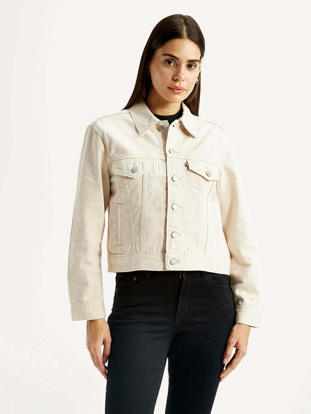 Women's Beige Slim Fit Trucker Jacket - Front View