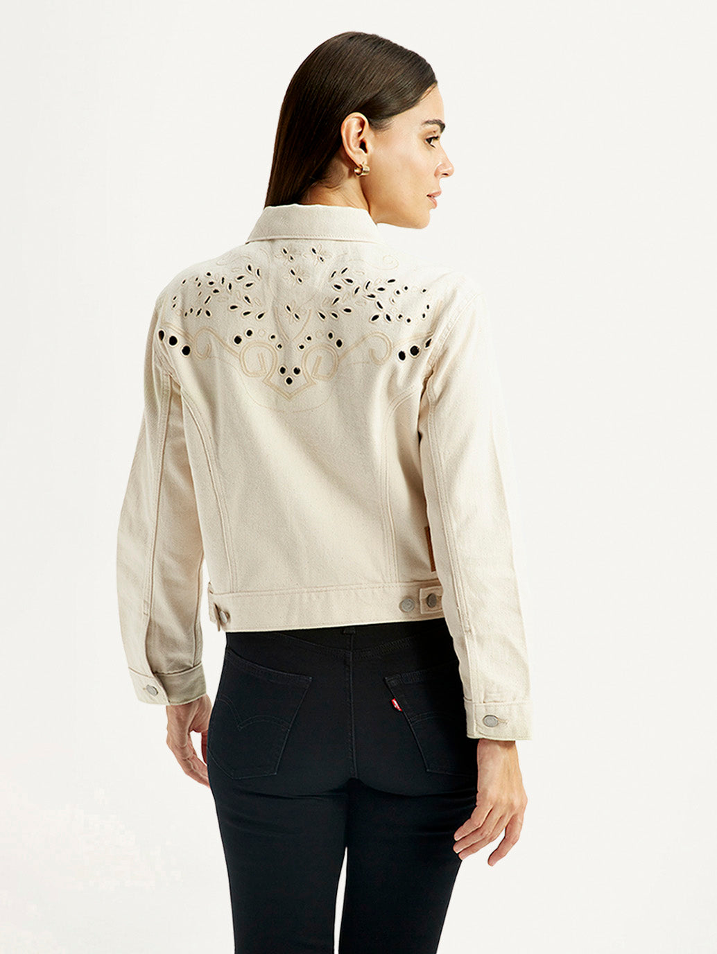 Women's Beige Slim Fit Trucker Jacket - Back View