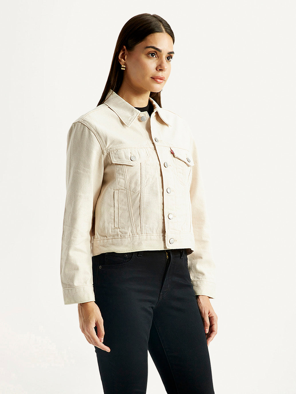 Women's Beige Slim Fit Trucker Jacket - Side View