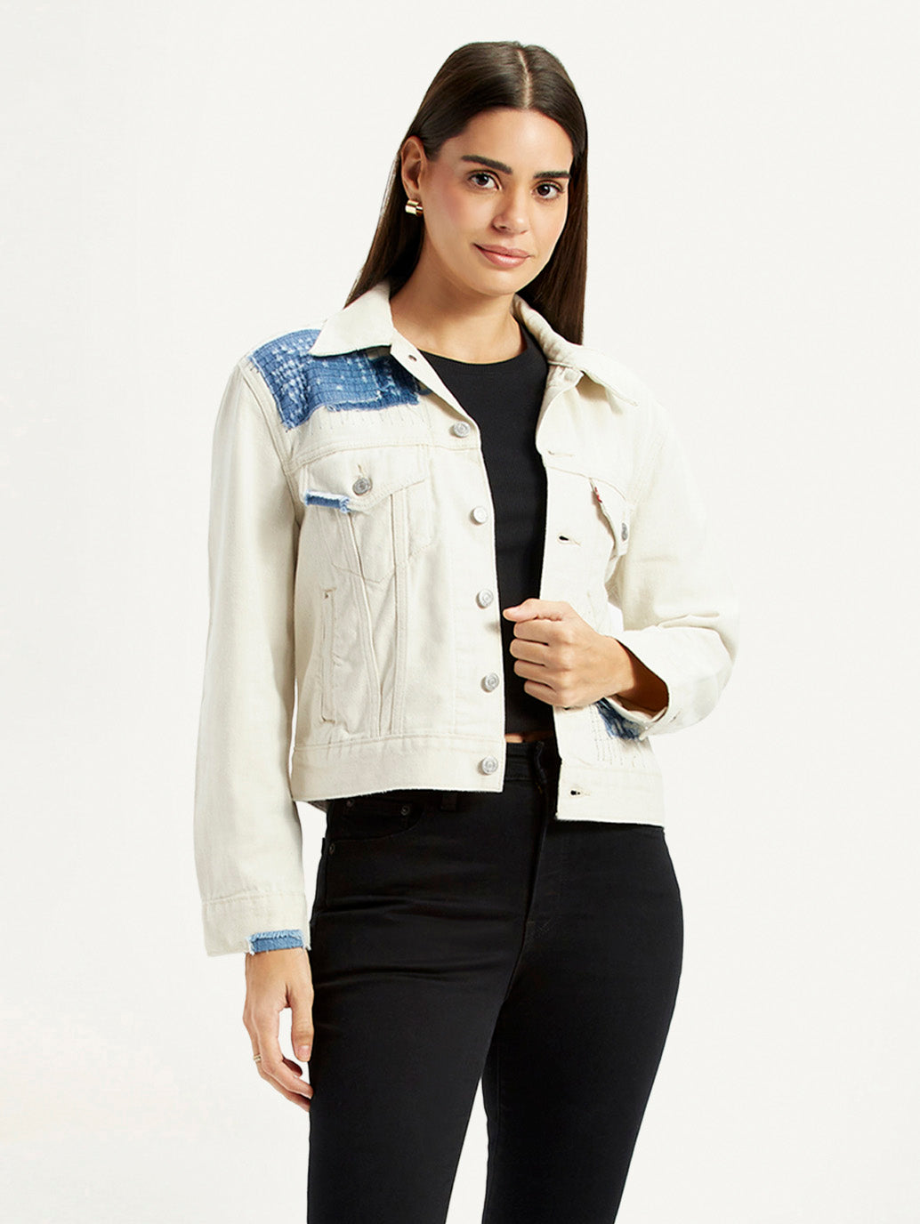 Women's Patchwork Off White Trucker Jacket - Styleshot View