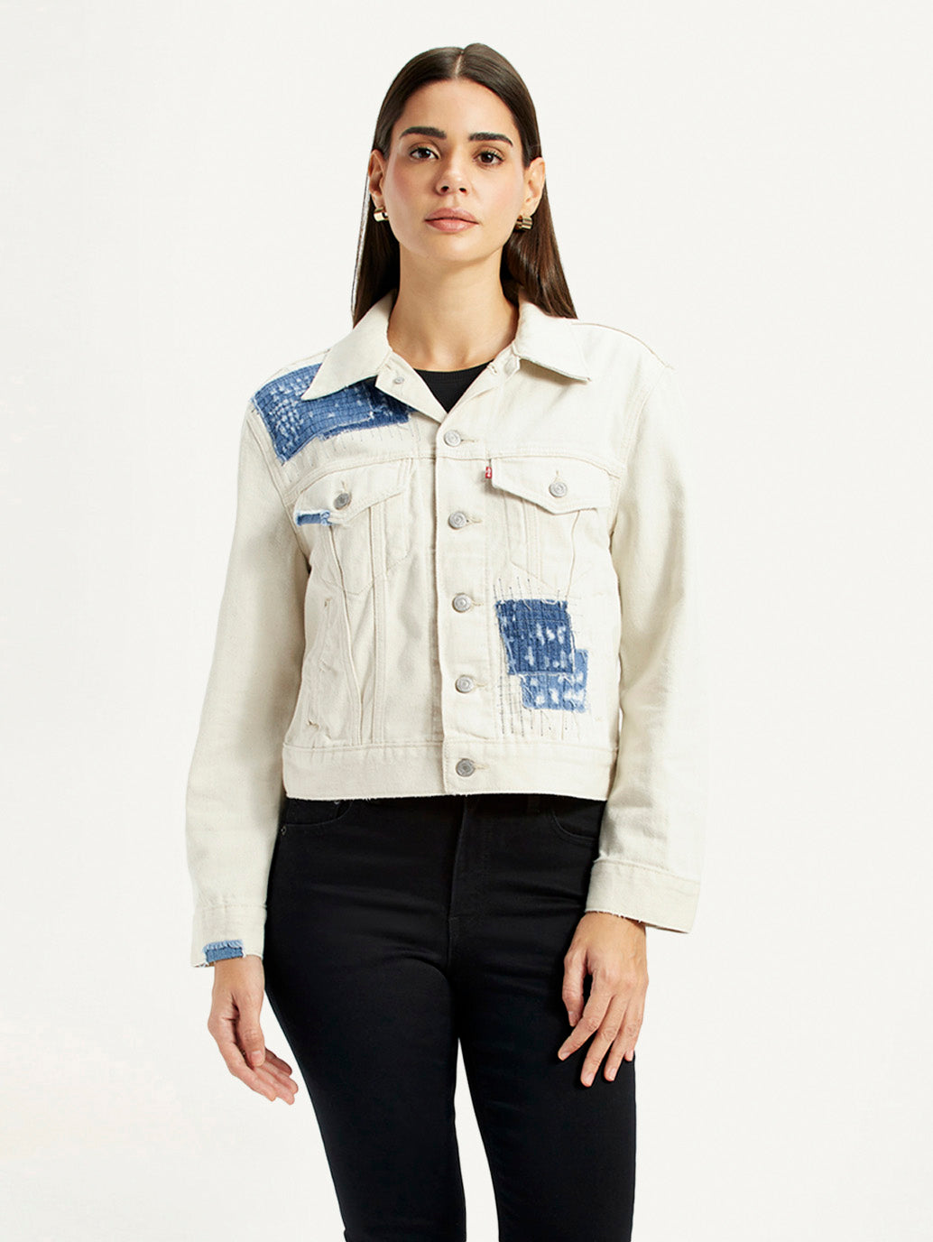 Women's Patchwork Off White Trucker Jacket - Front View