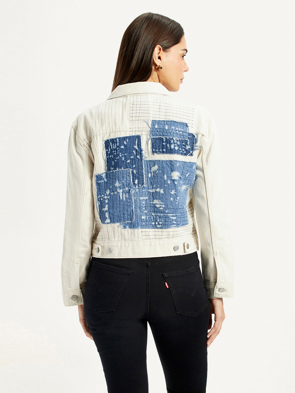 Women's Patchwork Off White Trucker Jacket - Back View