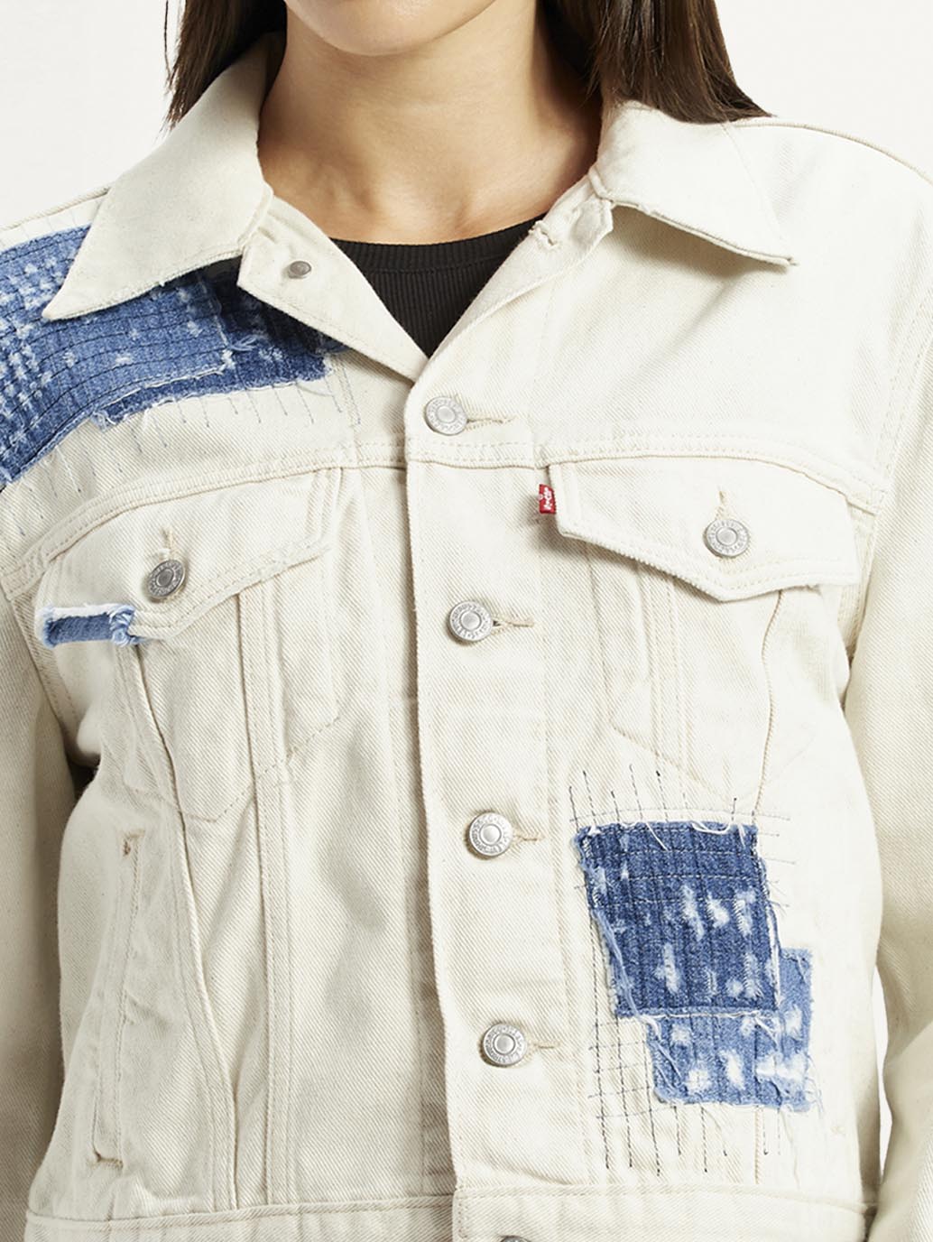 Women's Patchwork Off White Trucker Jacket - Detail View