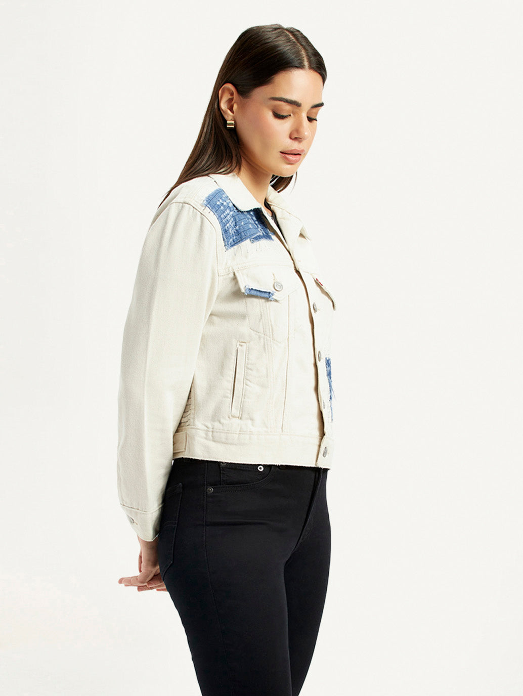 Women's Patchwork Off White Trucker Jacket - Side View
