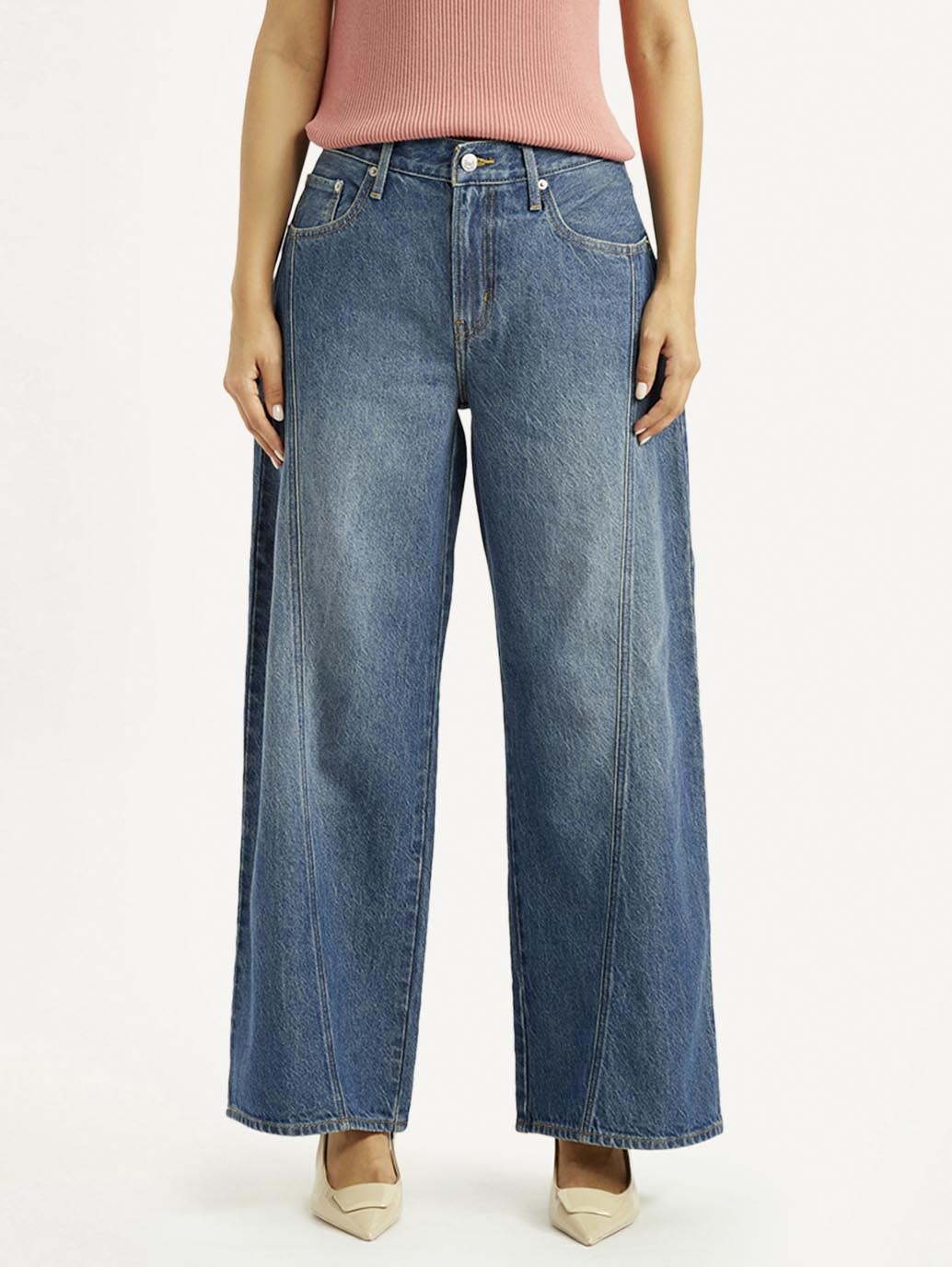 Women's Mid Indigo XL Straight Loose Fit Mid Rise Jeans - Front View