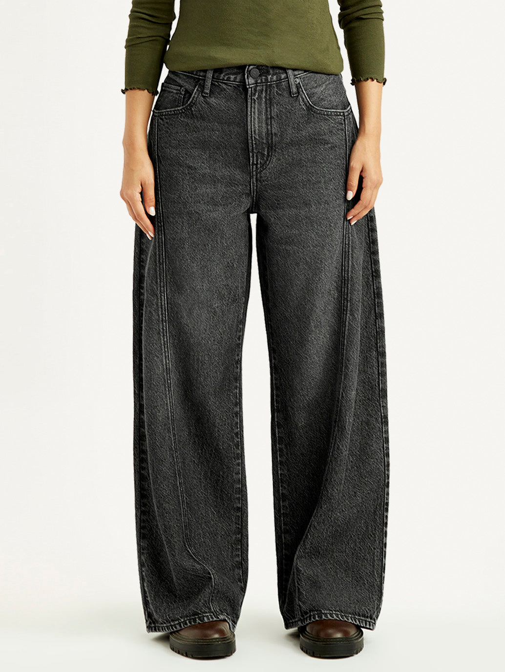 Women's Black XL Straight Loose Fit Mid Rise Jeans - Front View