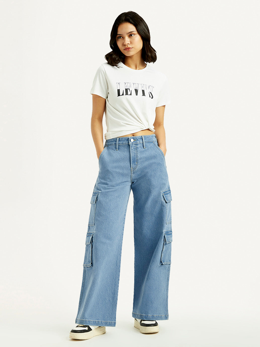 Women's Med Indigo Baggy Fit Mid Rise Cargo Jeans - Styleshot View