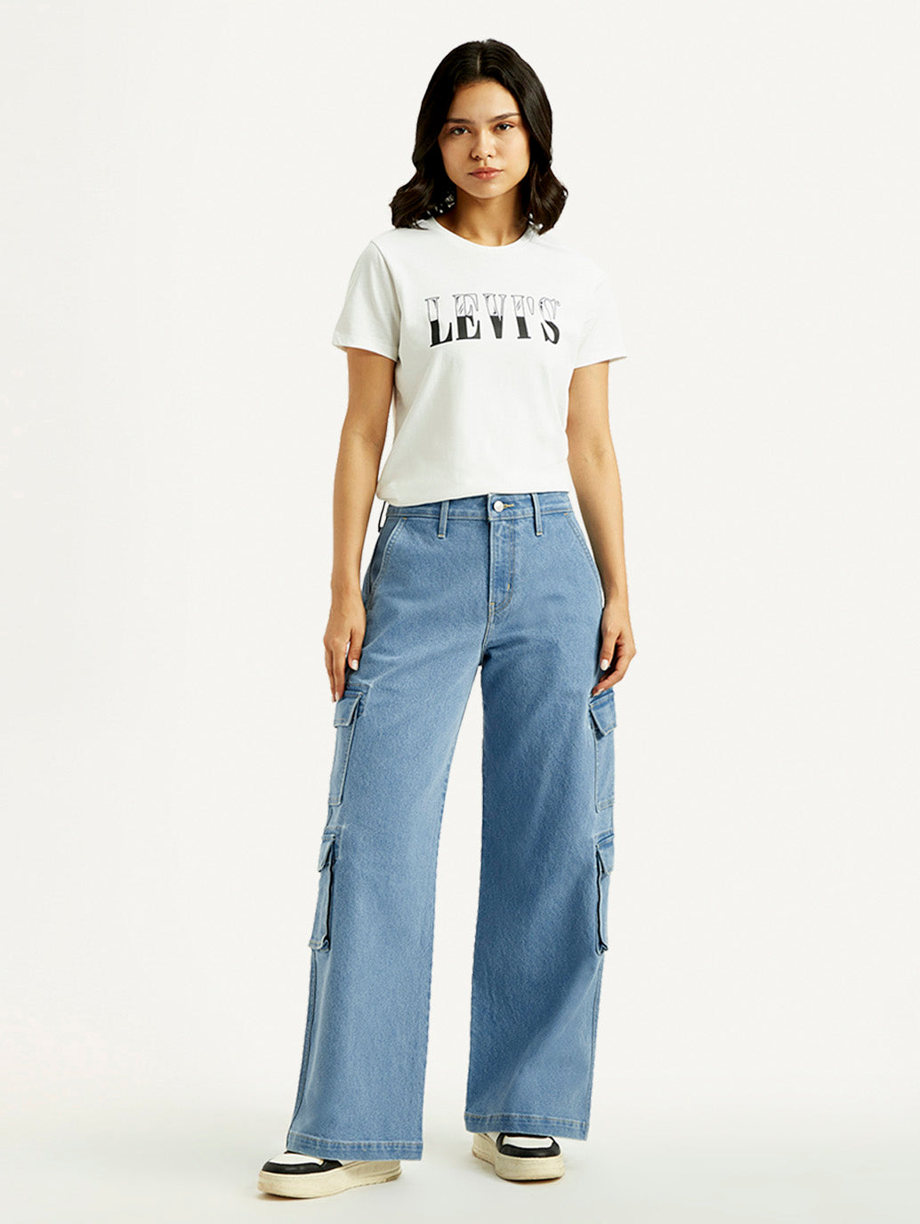 Women's Med Indigo Baggy Fit Mid Rise Cargo Jeans - Front View