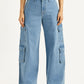 Women's Med Indigo Baggy Fit Mid Rise Cargo Jeans - Front View