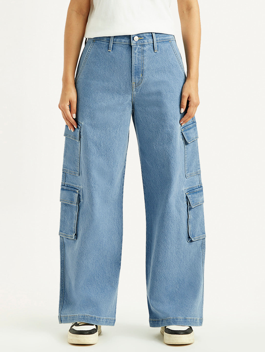 Women's Med Indigo Baggy Fit Mid Rise Cargo Jeans - Front View