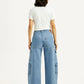 Women's Med Indigo Baggy Fit Mid Rise Cargo Jeans - Back View