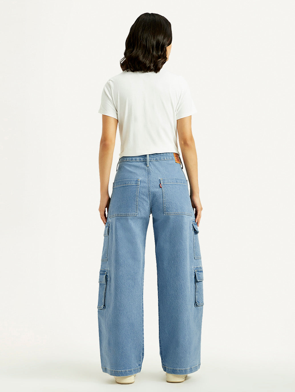 Women's Med Indigo Baggy Fit Mid Rise Cargo Jeans - Back View