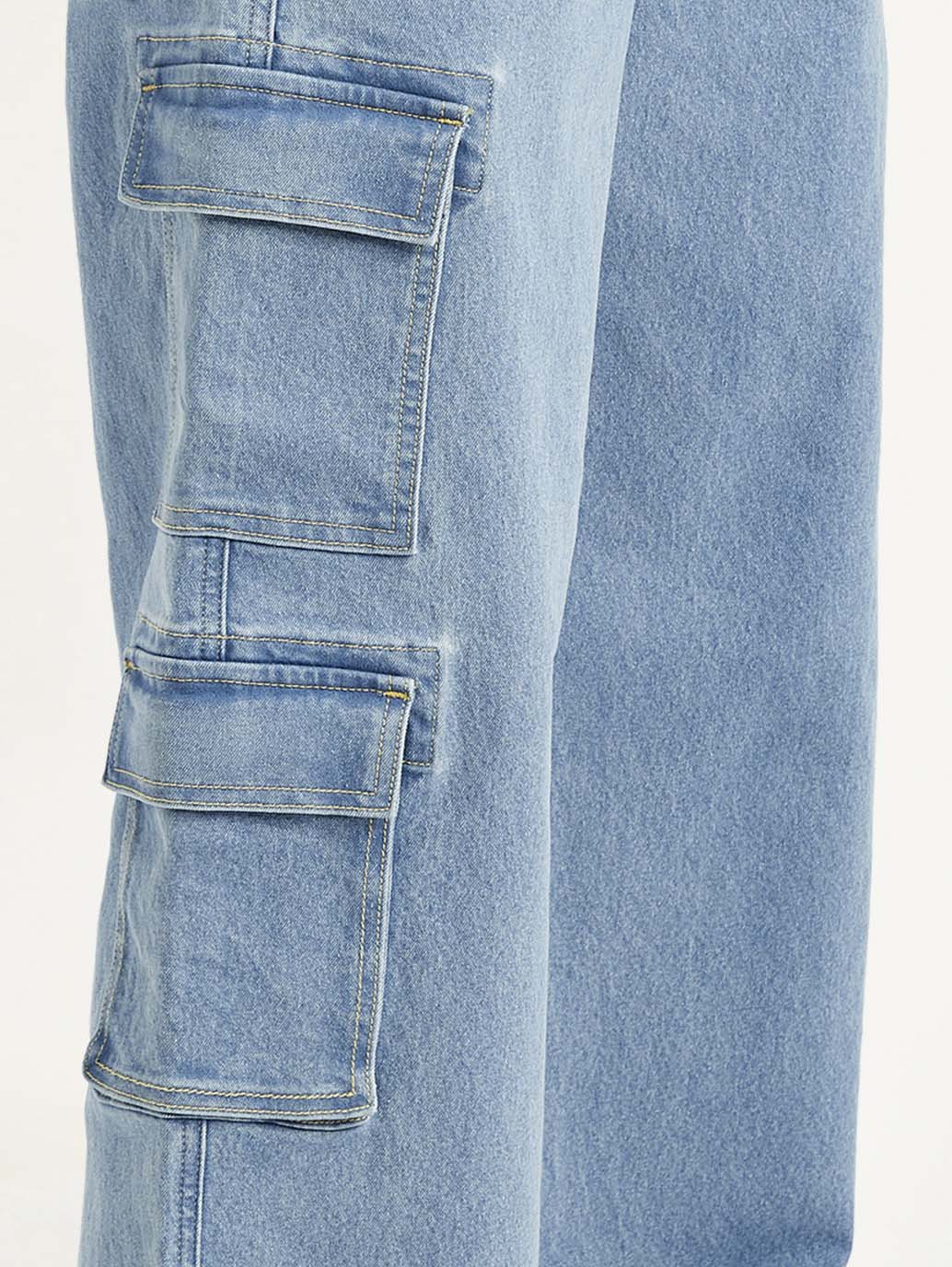 Women's Med Indigo Baggy Fit Mid Rise Cargo Jeans - Detail View