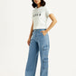 Women's Med Indigo Baggy Fit Mid Rise Cargo Jeans - Side View