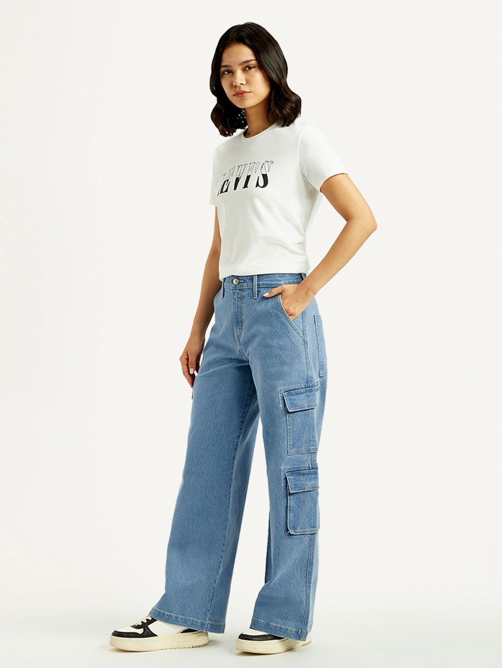 Women's Med Indigo Baggy Fit Mid Rise Cargo Jeans - Side View