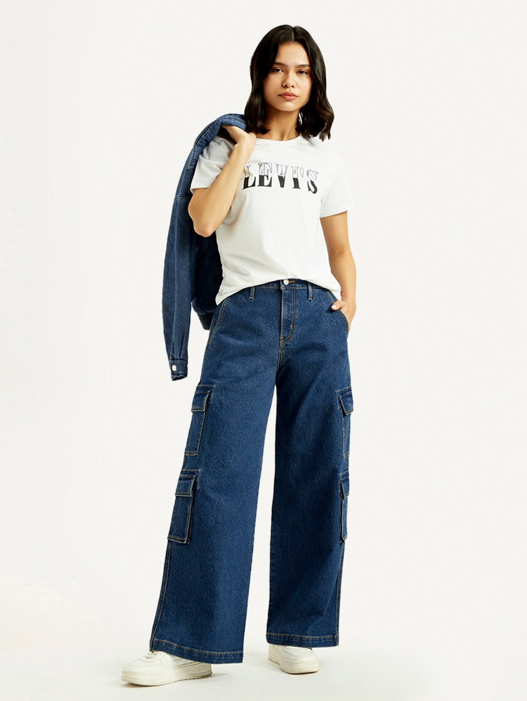 Women's Med Indigo Baggy Fit Mid Rise Cargo Jeans - Styleshot View