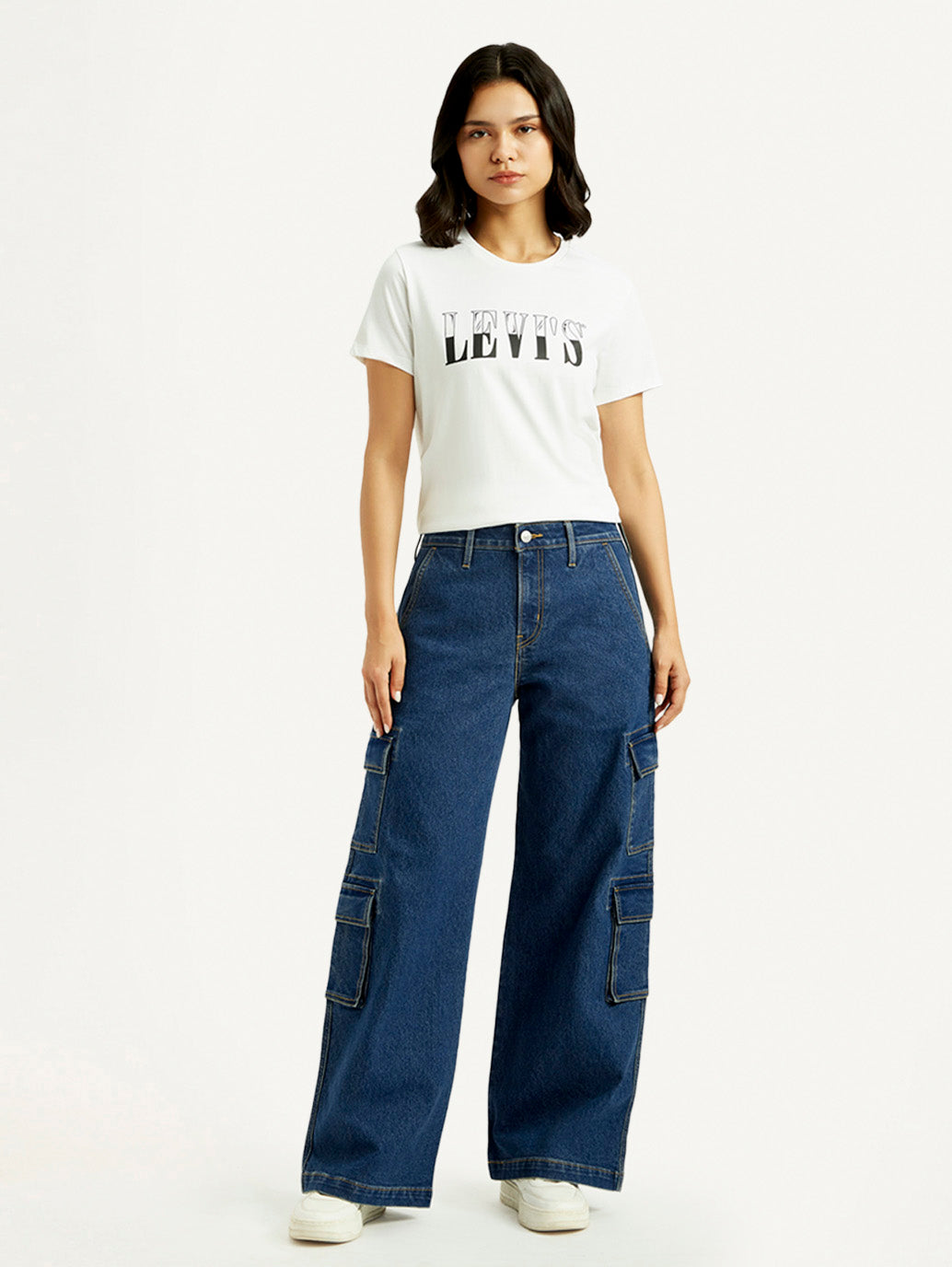 Women's Med Indigo Baggy Fit Mid Rise Cargo Jeans - Front View