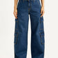 Women's Med Indigo Baggy Fit Mid Rise Cargo Jeans - Front View