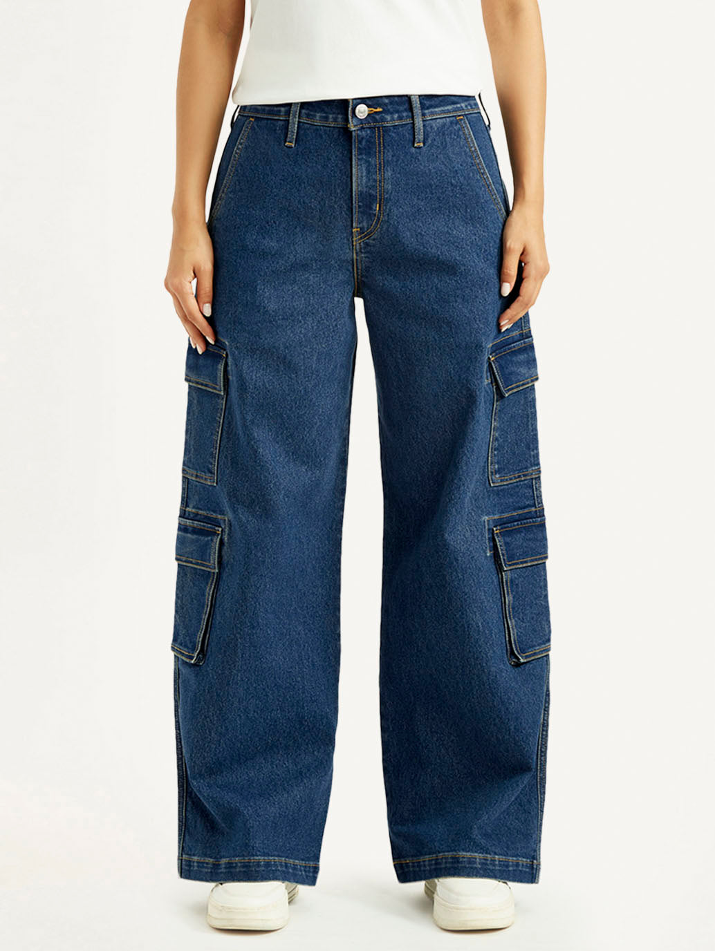 Women's Med Indigo Baggy Fit Mid Rise Cargo Jeans - Front View