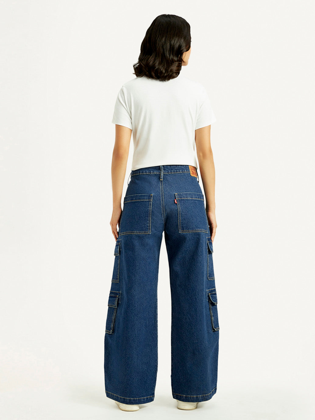 Women's Med Indigo Baggy Fit Mid Rise Cargo Jeans - Back View