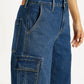 Women's Med Indigo Baggy Fit Mid Rise Cargo Jeans - Detail View