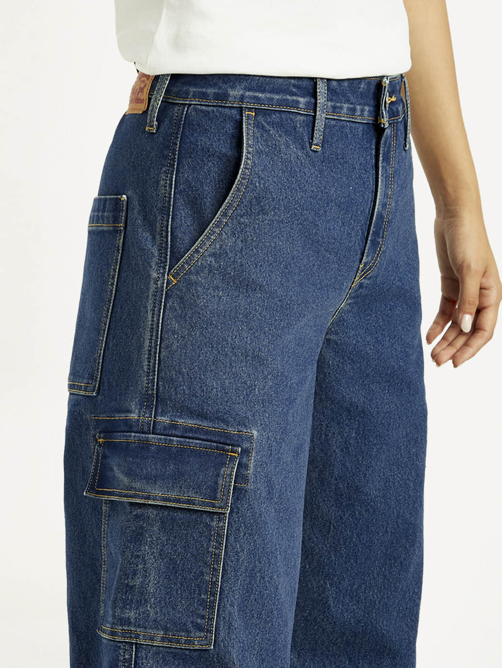 Women's Med Indigo Baggy Fit Mid Rise Cargo Jeans - Detail View