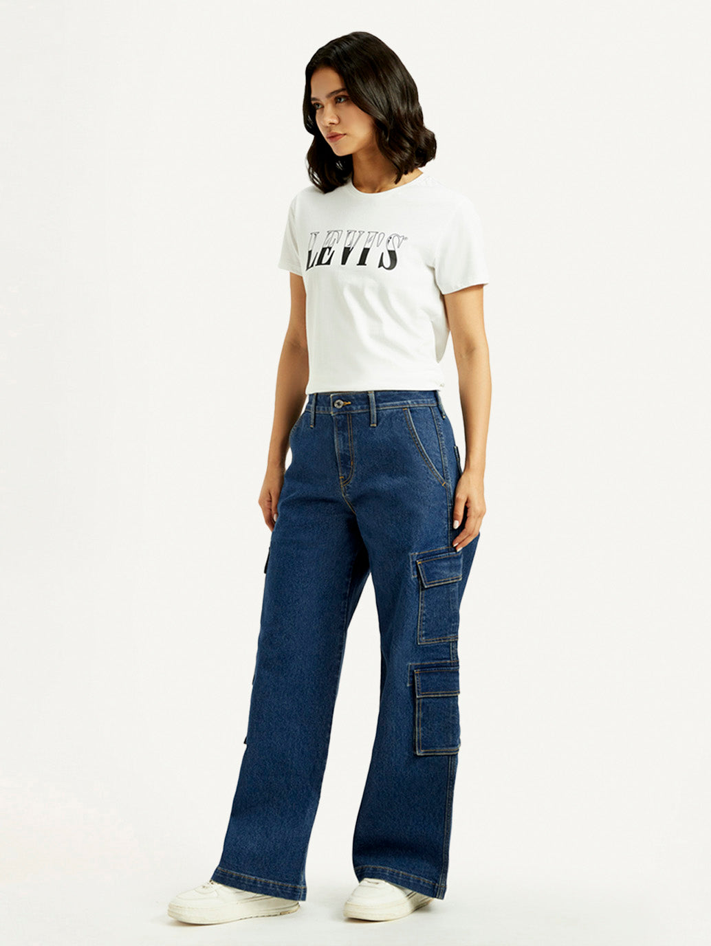 Women's Med Indigo Baggy Fit Mid Rise Cargo Jeans - Side View