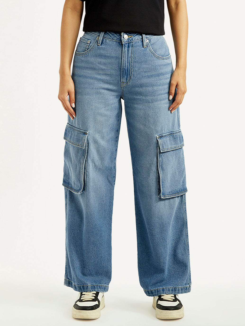 Women's 94 Blue Baggy Fit Mid Rise Jeans - Front View
