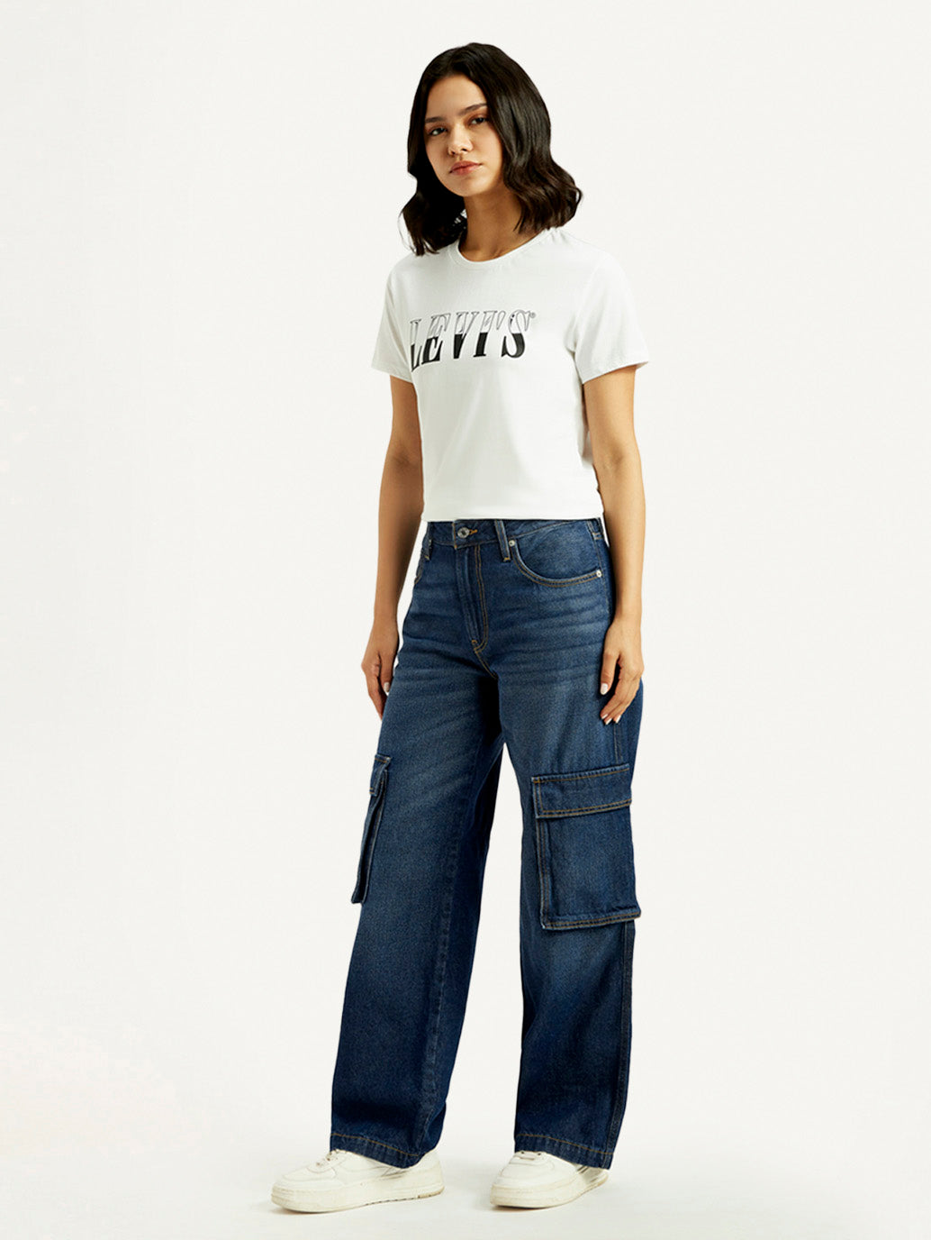 Women's 94 Dark Blue Baggy Fit Mid Rise Jeans - Side View