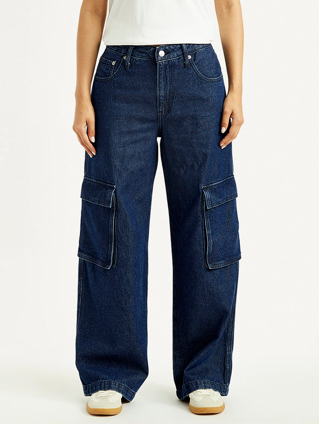 Women's 94 Dark Blue Baggy Fit Mid Rise Jeans - Front View