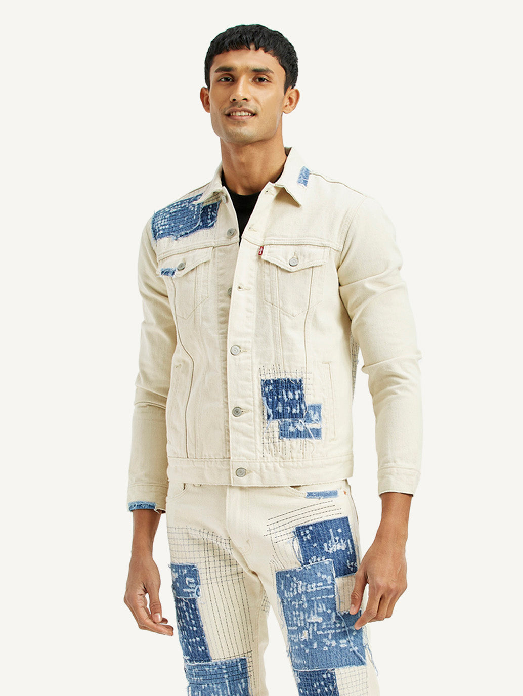 Men's Textured Off White Button Down Collar Jacket - Styleshot View