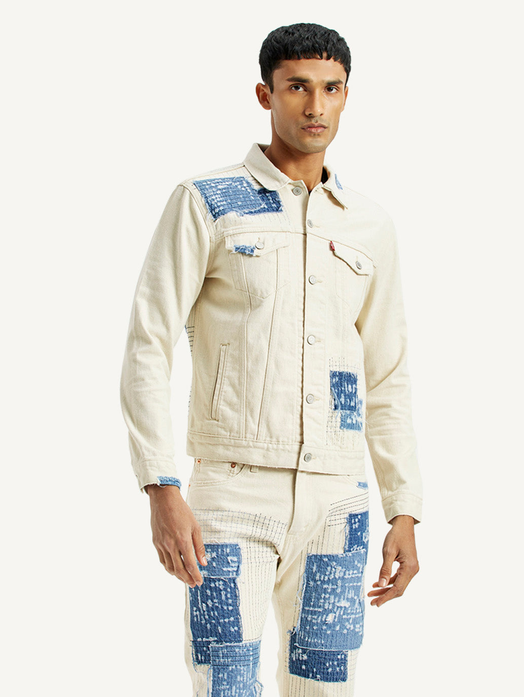 Men's Textured Off White Button Down Collar Jacket - Front View