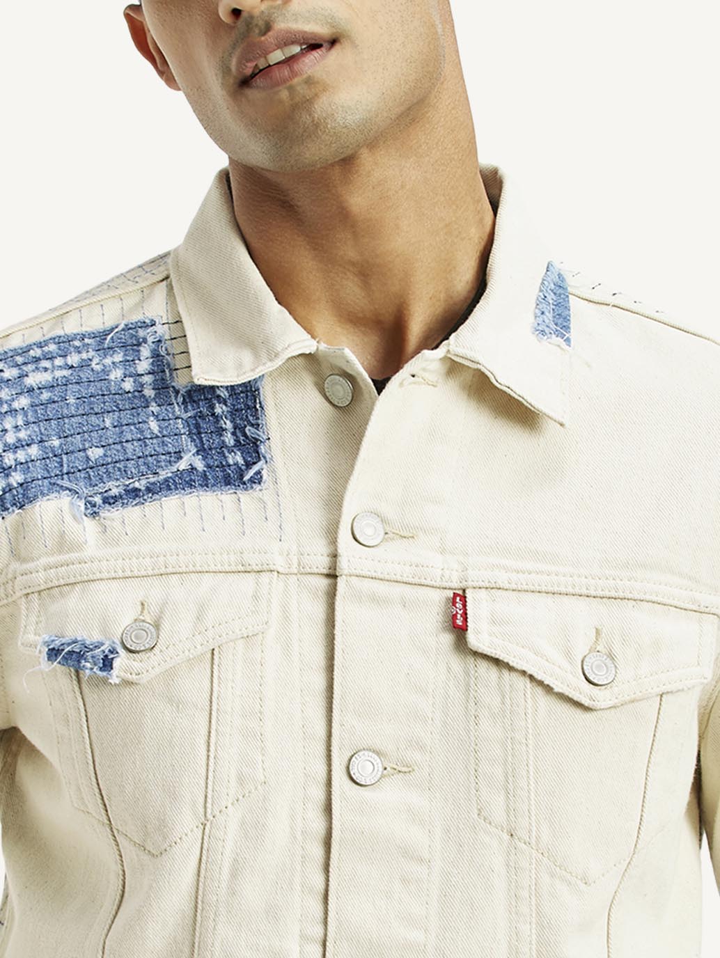 Men's Textured Off White Button Down Collar Jacket - Detail View