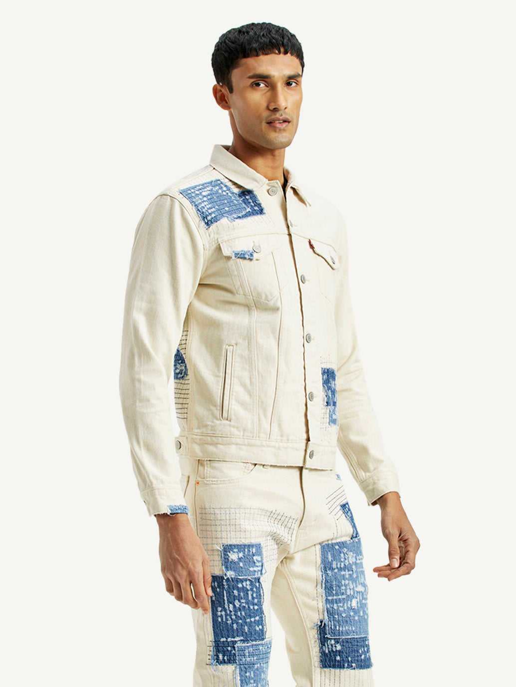 Men's Textured Off White Button Down Collar Jacket - Side View