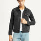 Men's Solid Black Denim Trucker Jacket - Styleshot View