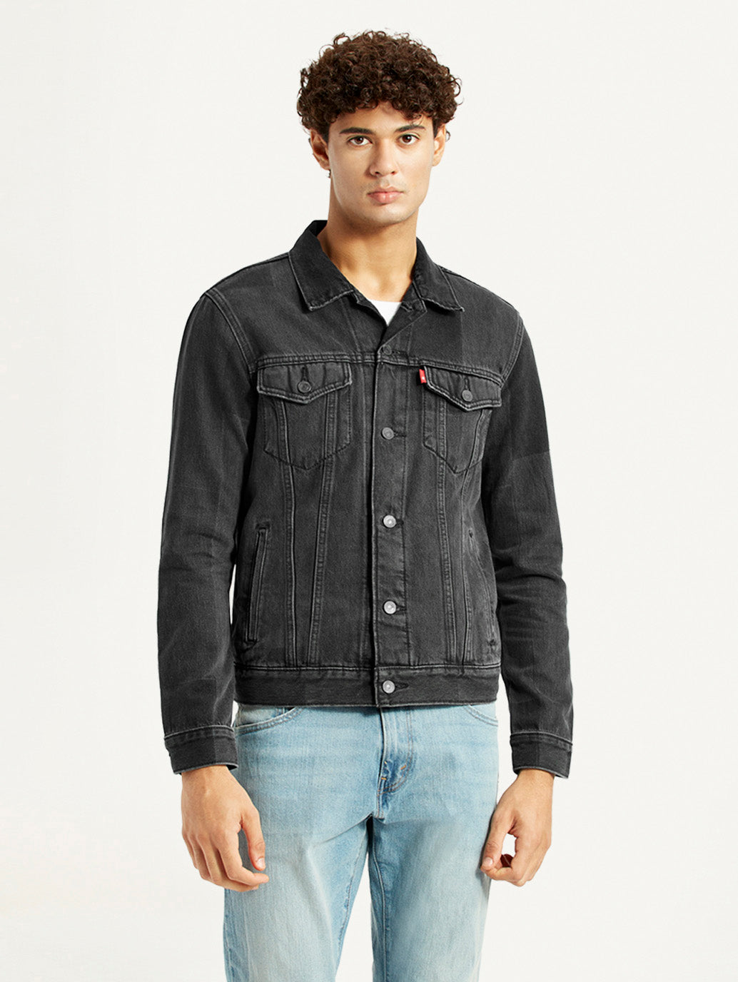 Men's Solid Black Denim Trucker Jacket - Front View