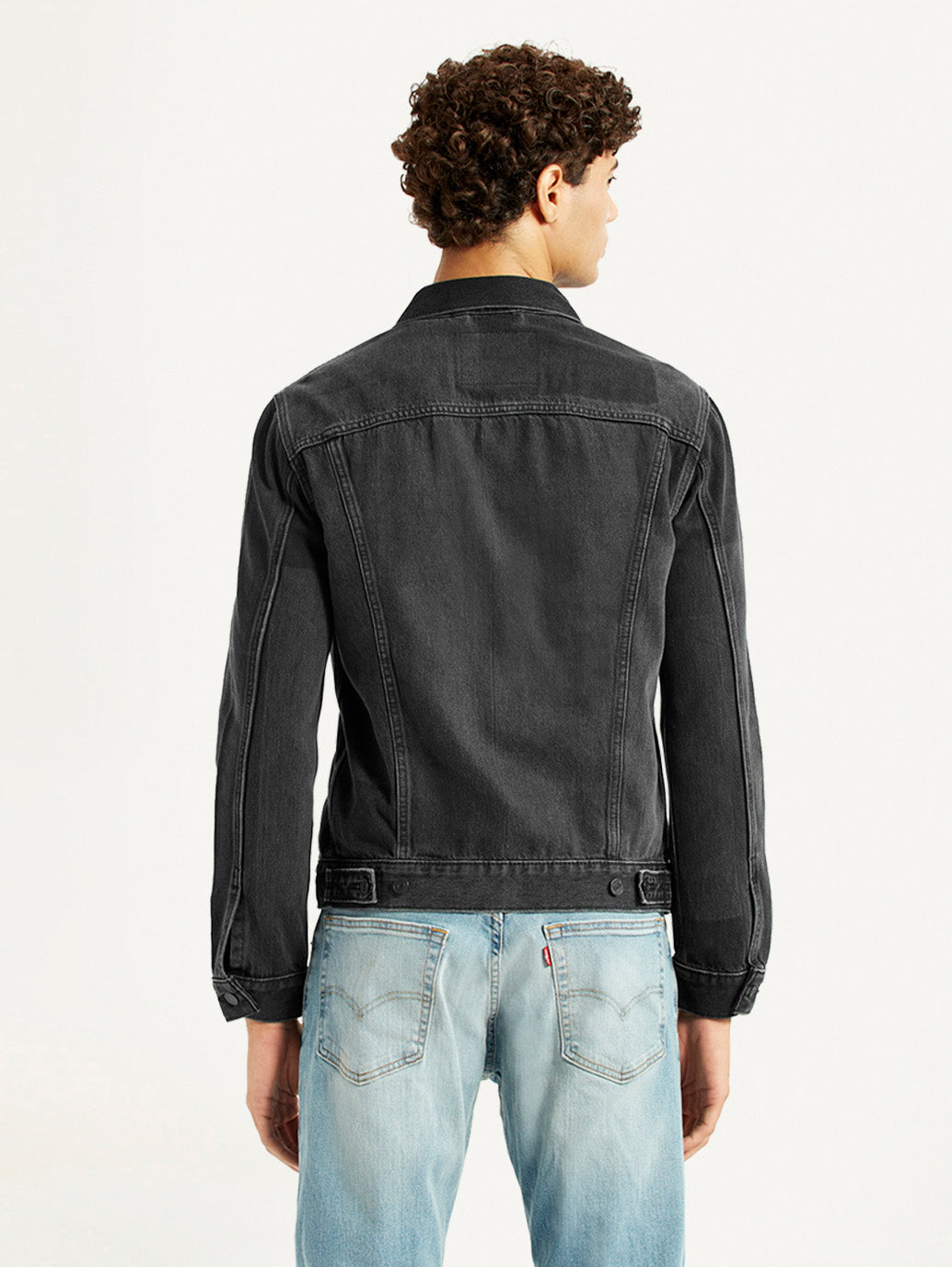 Men's Solid Black Denim Trucker Jacket - Back View
