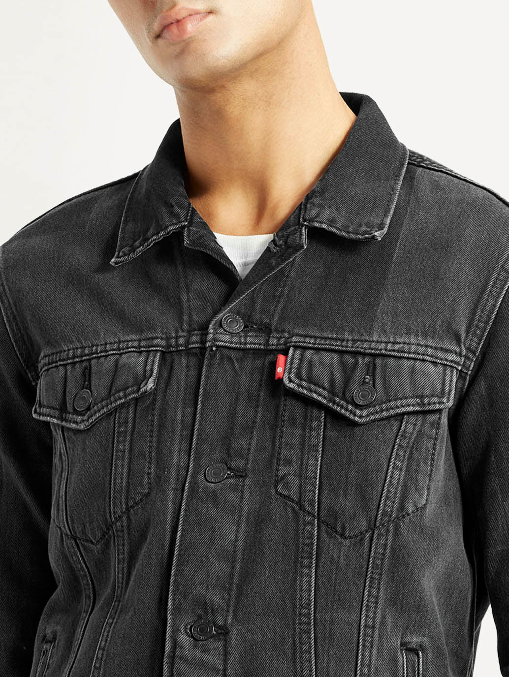 Men's Solid Black Denim Trucker Jacket - Detail View
