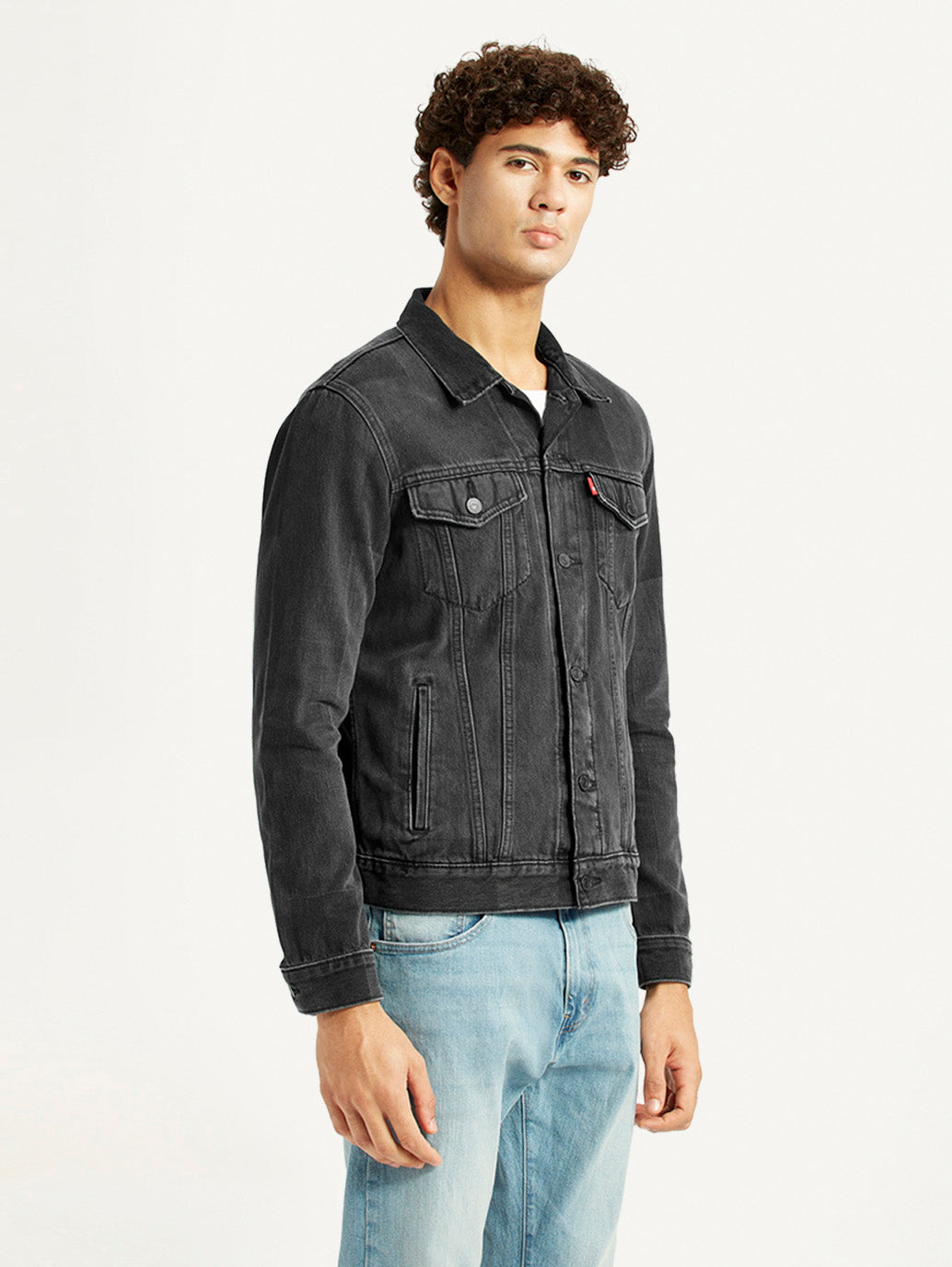 Men's Solid Black Denim Trucker Jacket - Side View