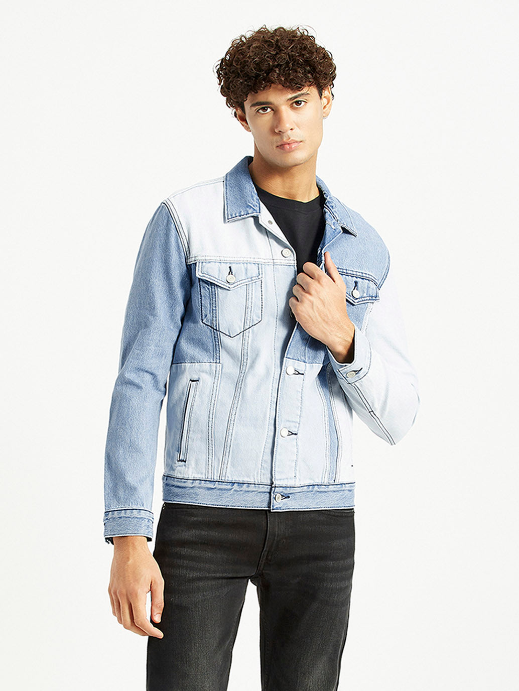 Men's Patchwork Light Blue Denim Trucker Jacket - Styleshot View